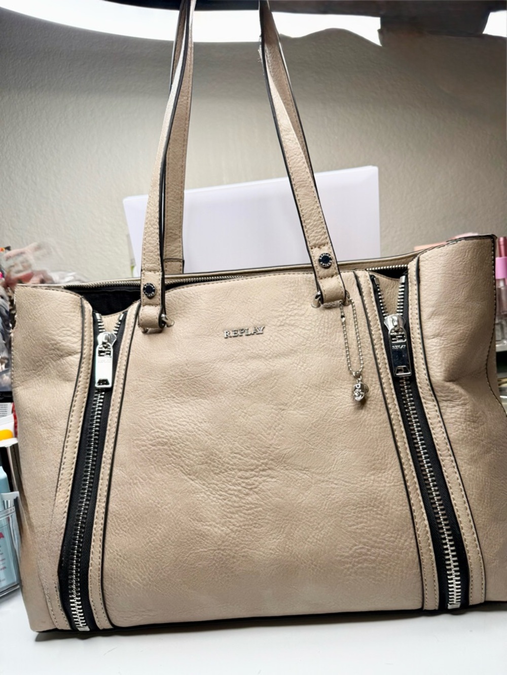 Replay Beige Tote with Black Trim and Double Zip Accents- PRELOVED, No Box